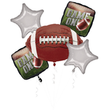 Bouquet de ballons en aluminium satiné ballon de football/étoile Game On, brun/argent, paq. 5, gonflement à l'hélium et ruban inclus, pour fêtes sportives/Superbowl Front_Flat