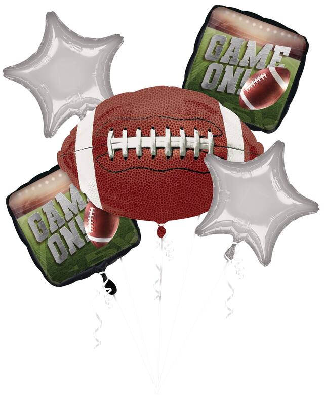 "Game On" Football/Star Satin Foil Balloon Bouquet, Brown/Silver, 5-pk, Helium Inflation & Ribbon Included for Sports Party/Superbowl Front_Flat