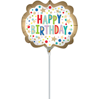 "Happy Birthday" Satin Mini-Shape Foil Balloon, Multi-Colour, Air-Filled for Birthday Party Front_Flat