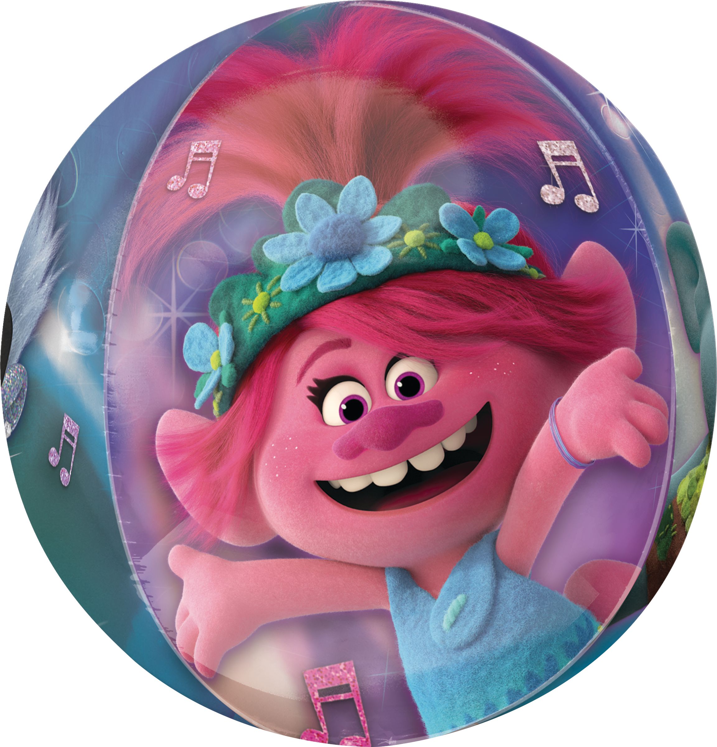 Trolls King Trollex/Guy Diamond/Poppy/Branch Orbz Satin Foil Balloon, Pink/Purple, 16-in, Helium Inflation & Ribbon Included for Birthday Party Front_Flat