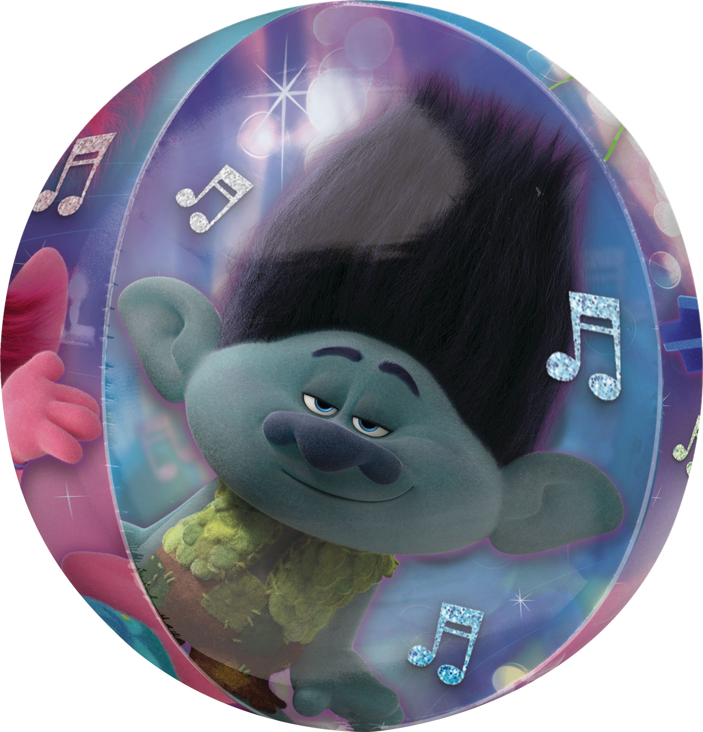 Trolls King Trollex/Guy Diamond/Poppy/Branch Orbz Satin Foil Balloon, Pink/Purple, 16-in, Helium Inflation & Ribbon Included for Birthday Party Front_Flat