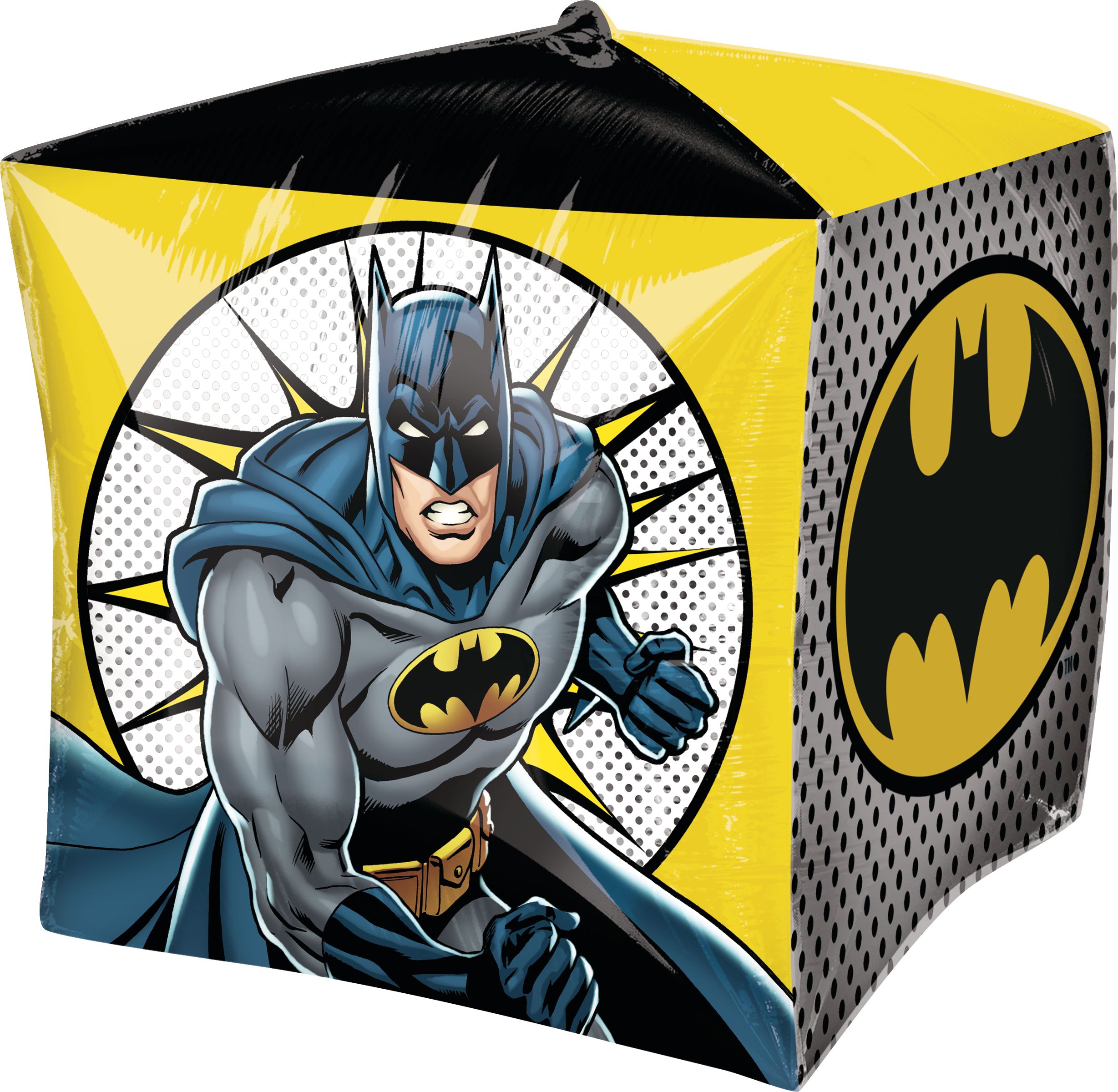 DC Batman Cubez Satin Foil Balloon, Black/Yellow, 15-in, Helium Inflation & Ribbon Included for Birthday Party Front_Angled_Left