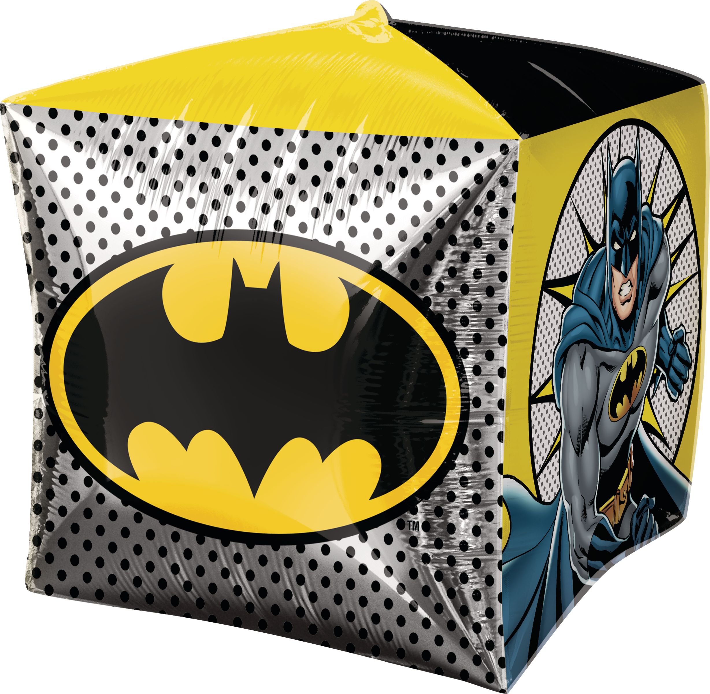 DC Batman Cubez Satin Foil Balloon, Black/Yellow, 15-in, Helium Inflation & Ribbon Included for Birthday Party Front_Angled_Left