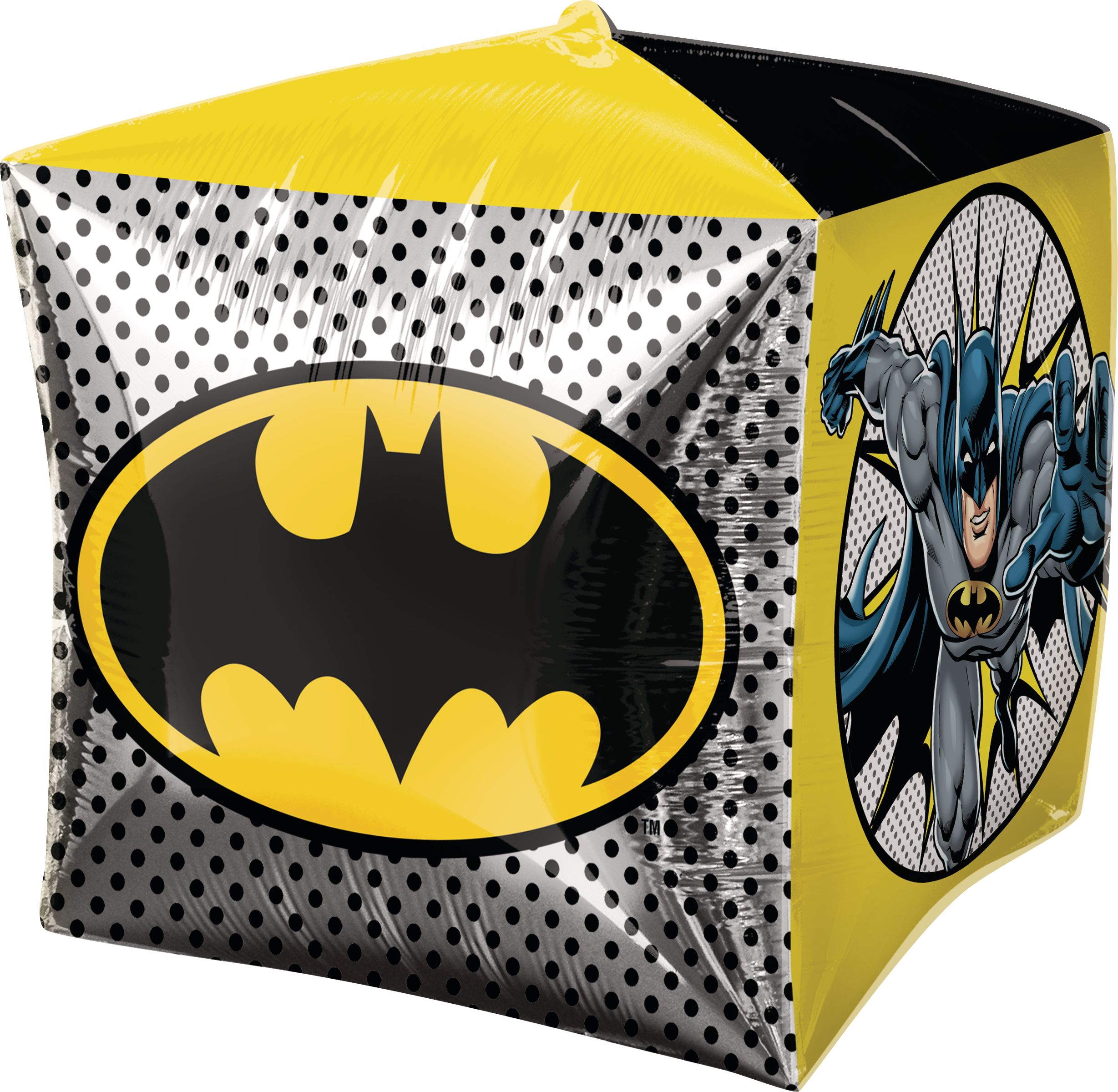 DC Batman Cubez Satin Foil Balloon, Black/Yellow, 15-in, Helium Inflation & Ribbon Included for Birthday Party Front_Angled_Left