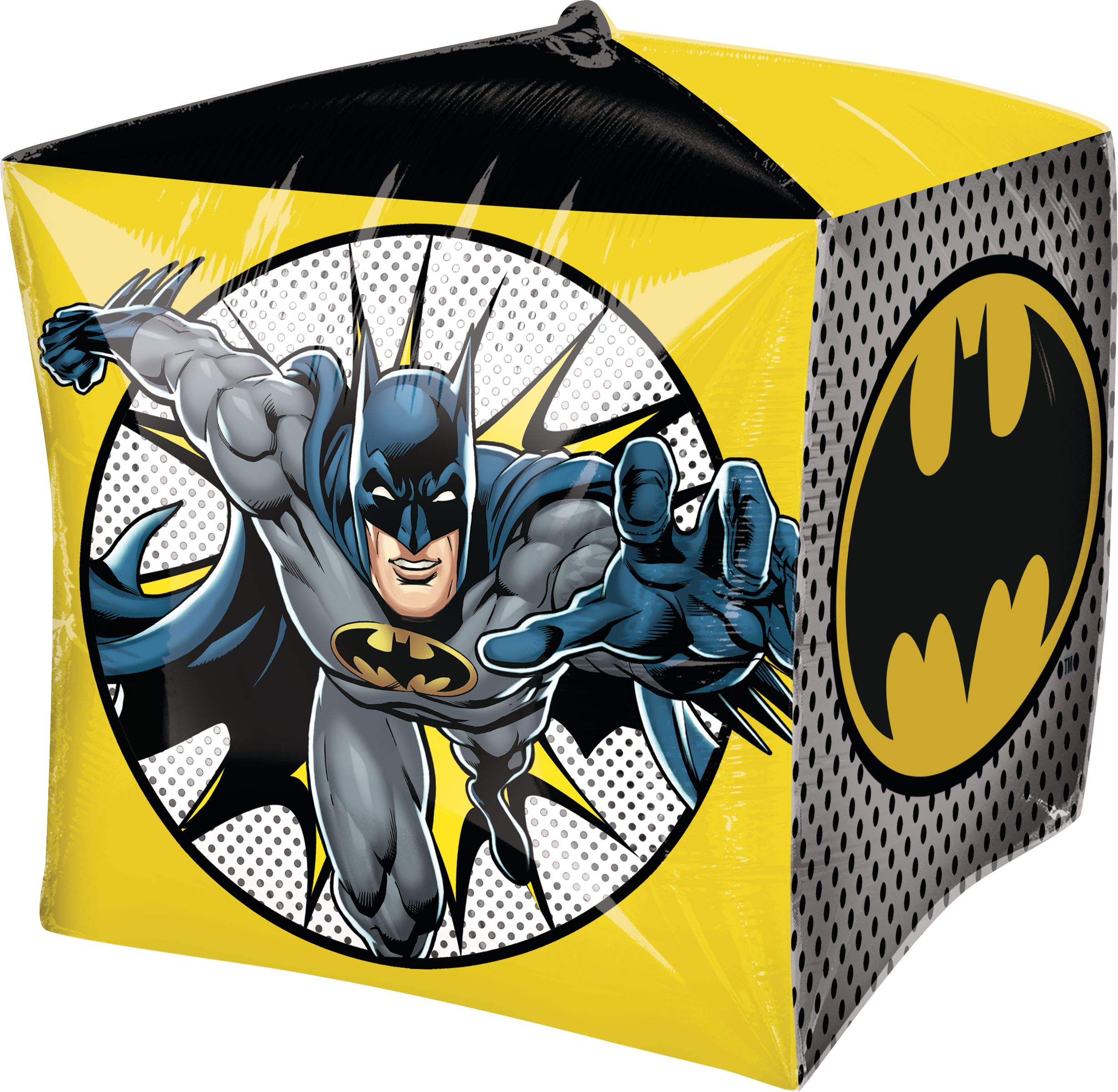 DC Batman Cubez Satin Foil Balloon, Black/Yellow, 15-in, Helium Inflation & Ribbon Included for Birthday Party Front_Angled_Left