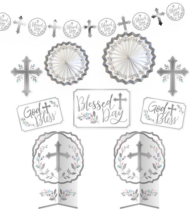 Décorations de salle, jour saint, croix argentée, paq. 10 Front_Flat