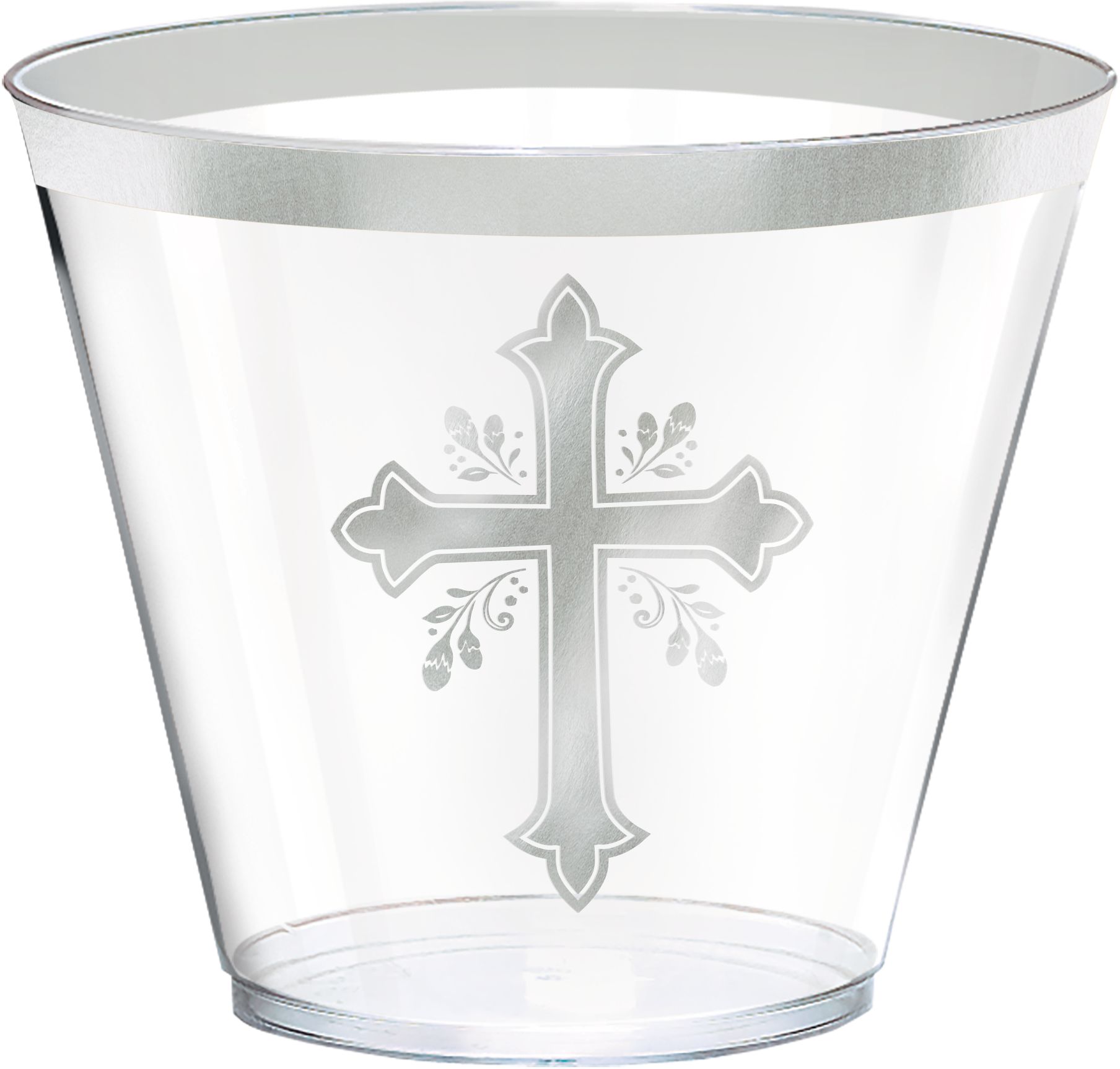 Holy Day Plastic Reusable Tumbler Cups, Silver, Cross, 9-oz, 30-pk, for First Communion/Religious Party Front_Elevated