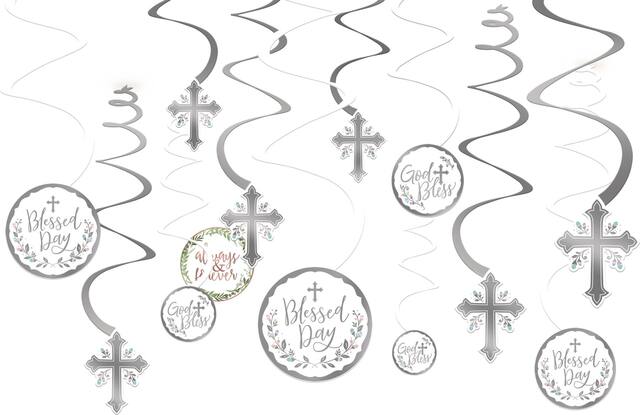 Holy Day "Blessed Day" Cross Swirl Hanging Decorations, Silver, 10-in, 12-pk, for First Communion/Religious Party Front_Flat