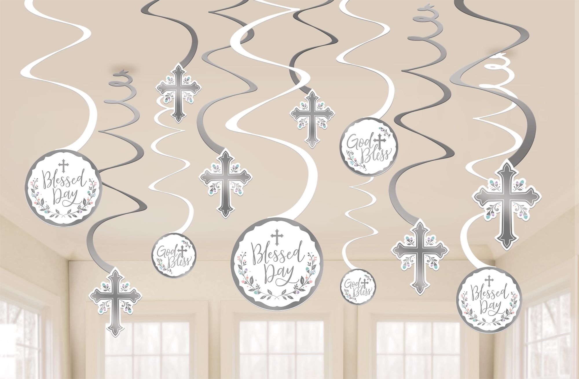 Holy Day "Blessed Day" Cross Swirl Hanging Decorations, Silver, 10-in, 12-pk, for First Communion/Religious Party Composite_or_Mixed