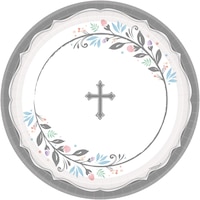 Holy Day Round Paper Disposable Dinner Plates, Silver/White, Cross, 10.5-in, 18-pk, for First Communion/Religious Party Overhead_Flat