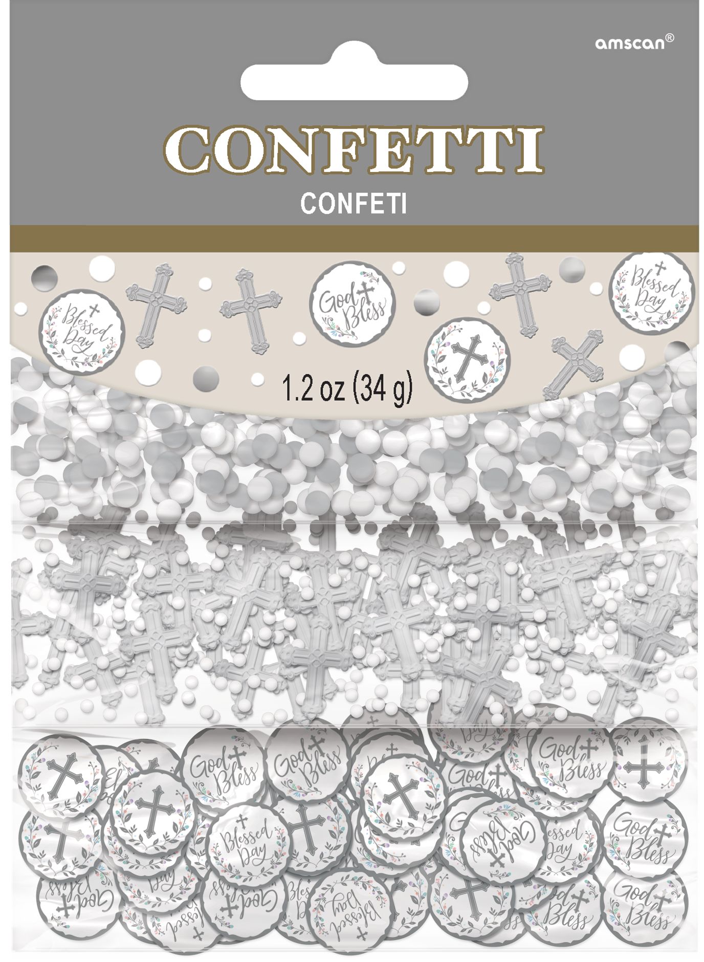 Holy Day Cross & Circles Confetti Table Scatter Decoration, White/Silver, 1.2-oz, for First Communion/Religious Party Front_Flat