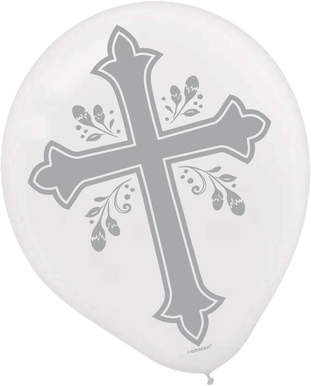 Holy Day "God Bless" Round Latex Balloons, Silver/White, Cross, 12-in, 15-pk, for First Communion/Religious Party Front_Flat