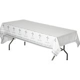 Holy Day "God Bless" Rectangle Plastic Reusable Table Cover, White/Silver, 54x102-in, for First Communion/Religious Party Front_Angled_Left