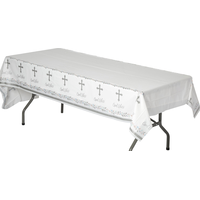 Holy Day "God Bless" Rectangle Plastic Reusable Table Cover, White/Silver, 54x102-in, for First Communion/Religious Party