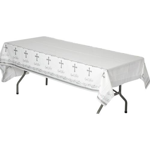 Holy Day "God Bless" Rectangle Plastic Reusable Table Cover, White/Silver, 54x102-in, for First Communion/Religious Party