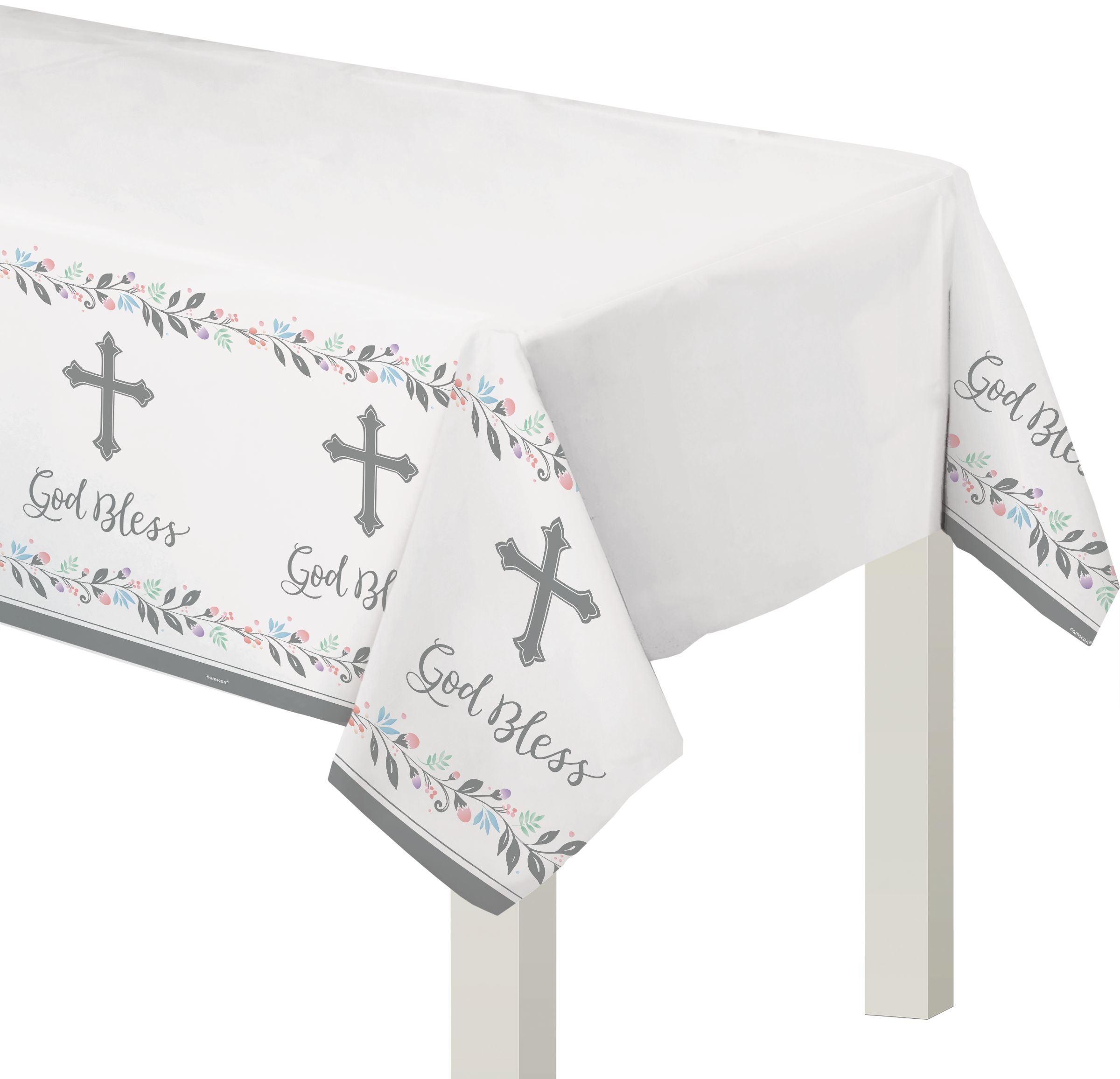 Holy Day "God Bless" Rectangle Plastic Reusable Table Cover, White/Silver, 54x102-in, for First Communion/Religious Party CloseUp