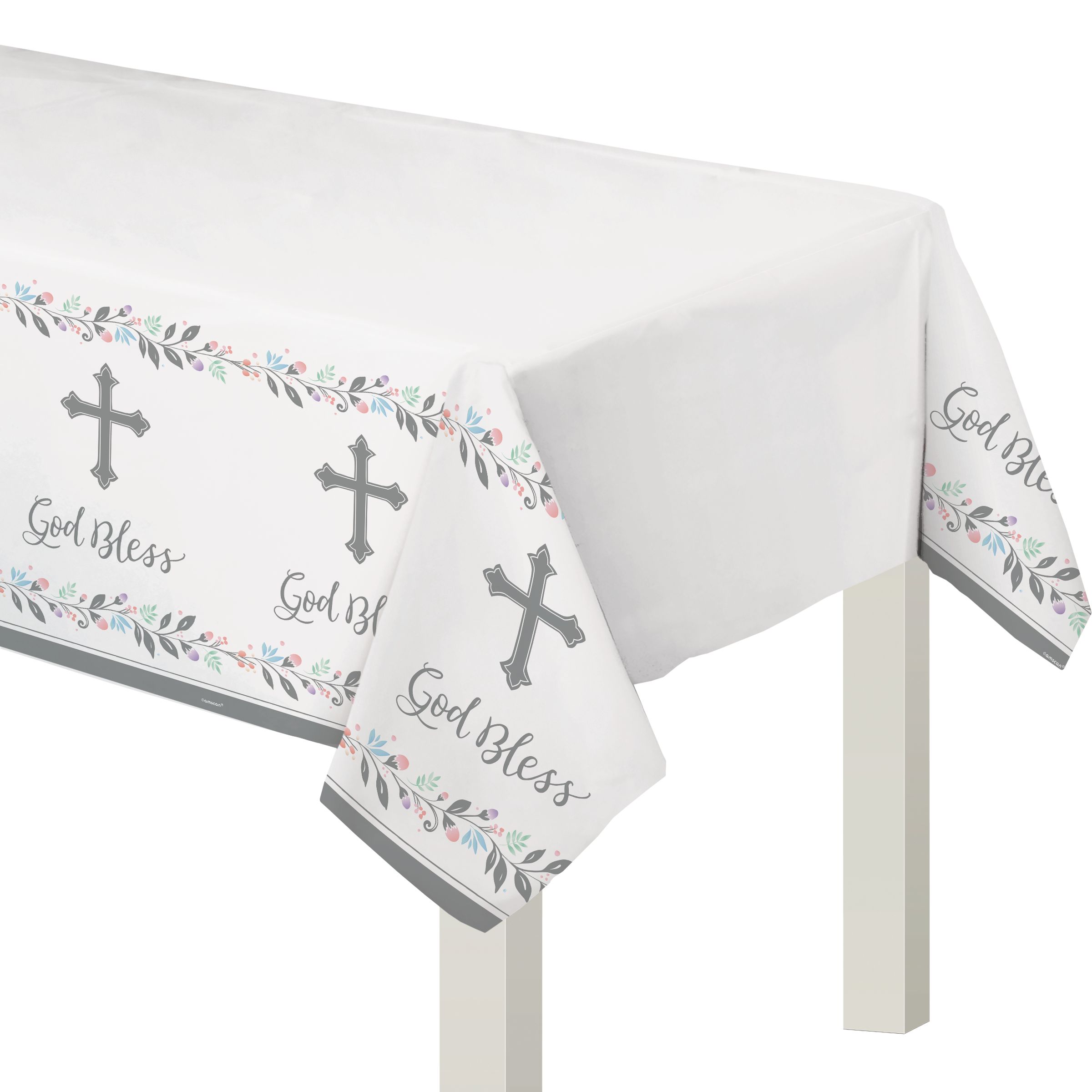 Holy Day "God Bless" Rectangle Plastic Reusable Table Cover, White/Silver, 54x102-in, for First Communion/Religious Party Front_Angled_Left