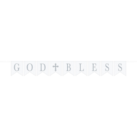 Holy Day "God Bless" Hanging Garland Banner Decoration, Silver/White, 11.5-in, for First Communion/Religious Party