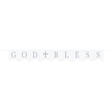 Holy Day "God Bless" Hanging Garland Banner Decoration, Silver/White, 11.5-in, for First Communion/Religious Party Front_Flat