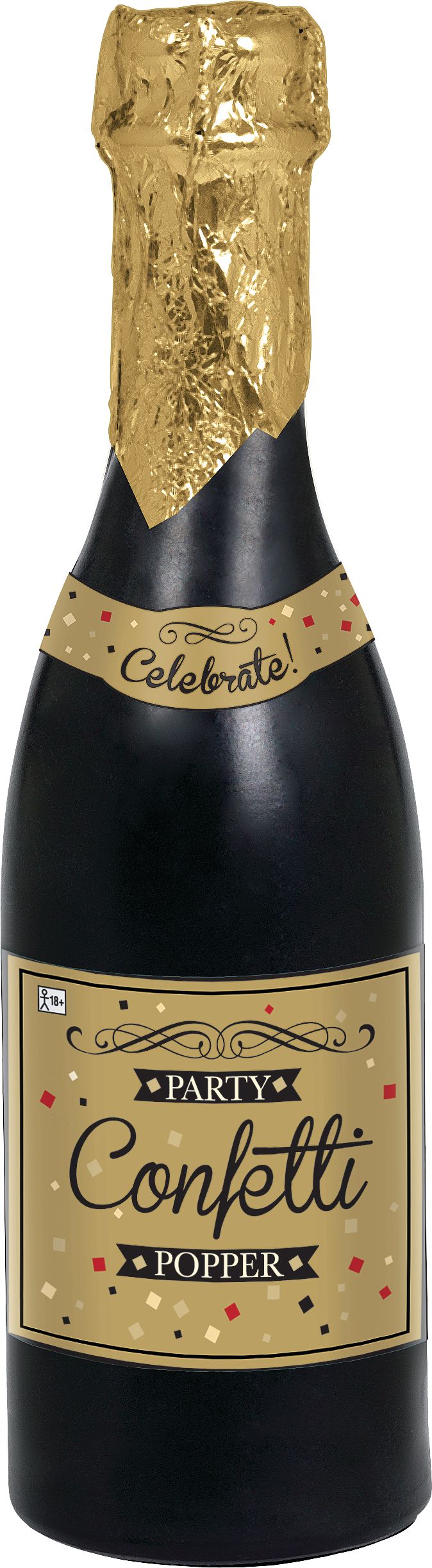 Champagne Bottle Confetti Cannon Popper, Black/Gold, for New Year's Eve/Graduation Front_Flat