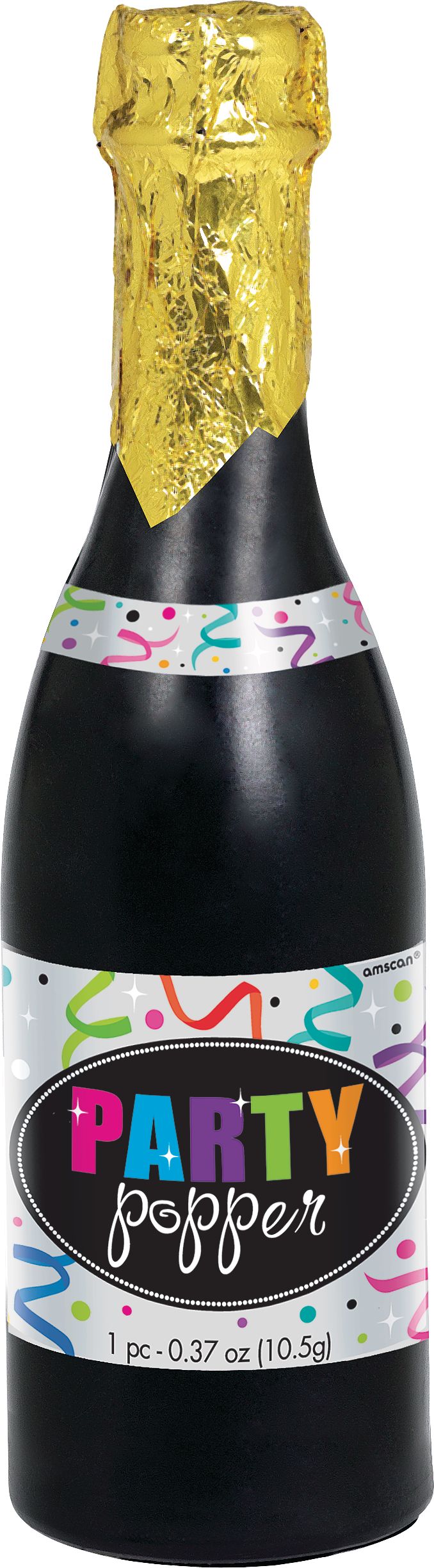 Champagne Bottle Confetti Cannon Popper, Black/Gold, for New Year's Eve/Graduation Front_Flat