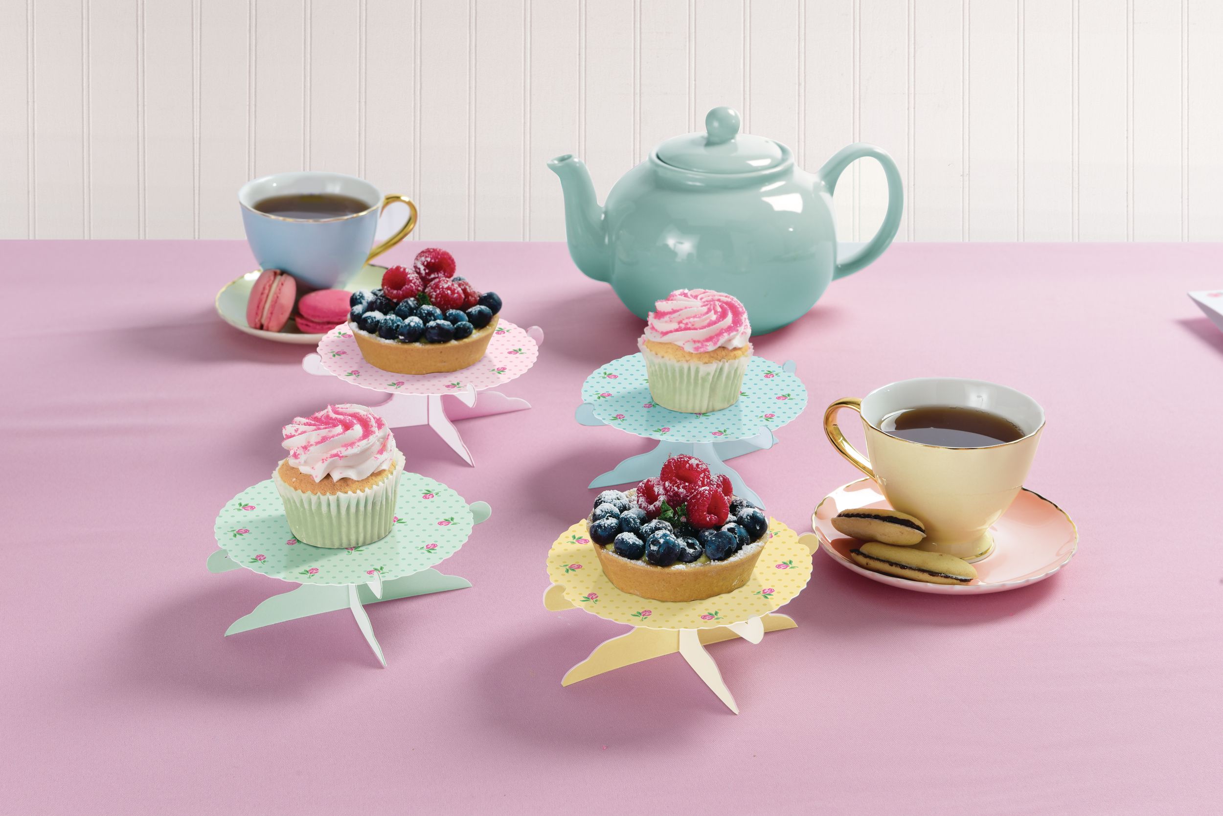 Floral Tea Party Mini &  Cake Treat Stands, Yellow/Pink/Green/Blue, 5-in, 4-pk, for Treat Display Birthday Party Composite_or_Mixed