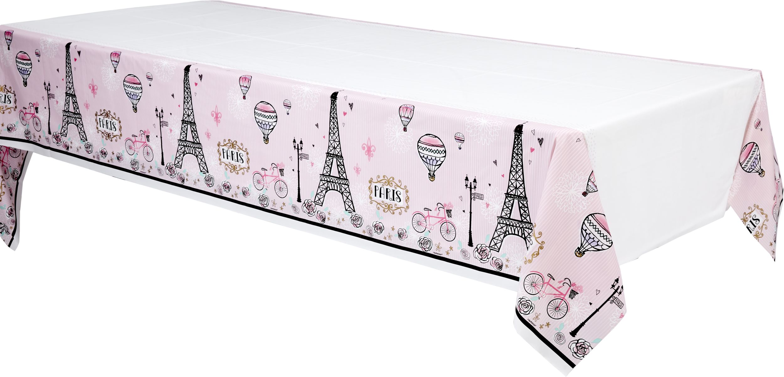 A Day in Paris Rectangle Plastic Reusable Table Cover, White/Pink, 54x102-in, for Birthday Party Front_Angled_Left