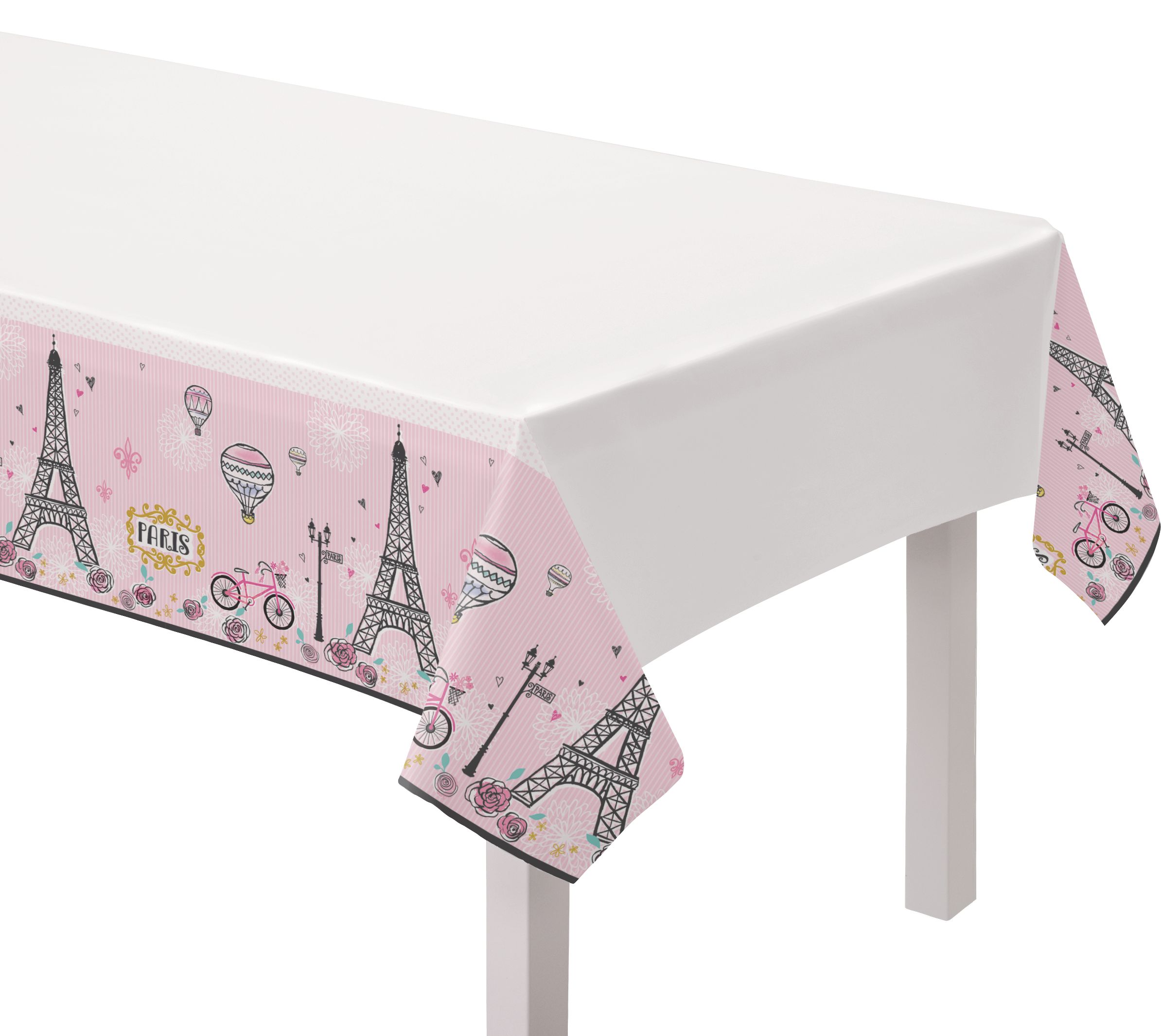 A Day in Paris Rectangle Plastic Reusable Table Cover, White/Pink, 54x102-in, for Birthday Party CloseUp
