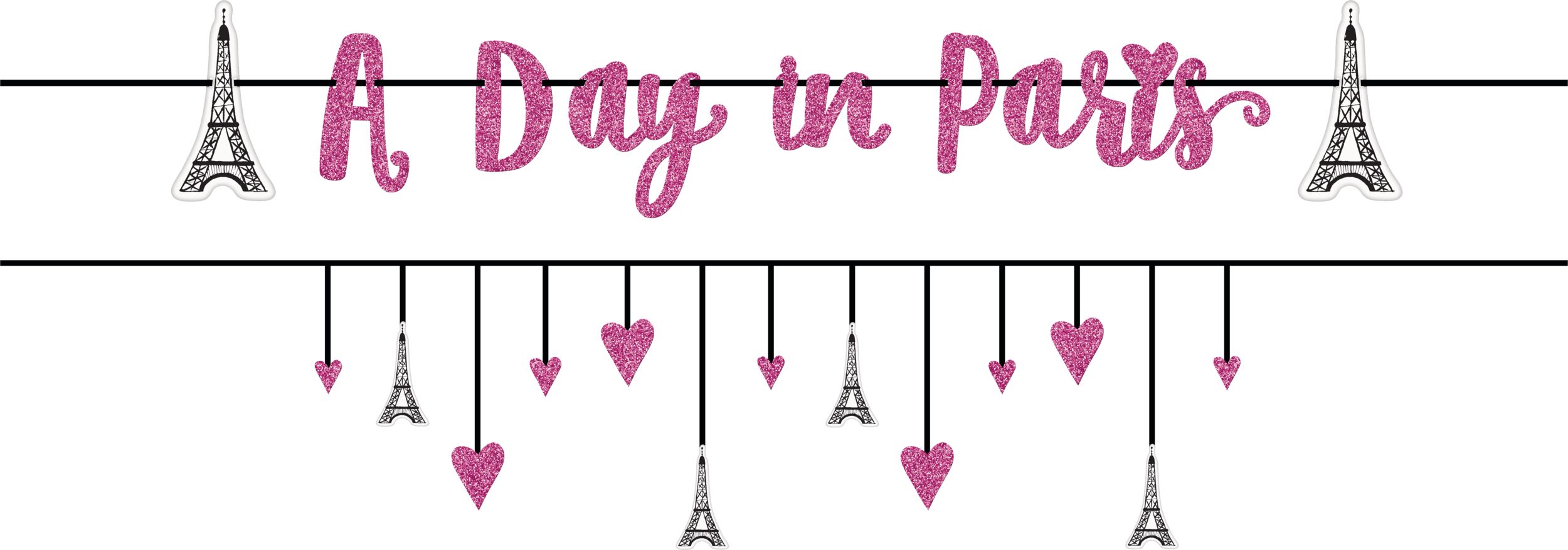 "A Day in Paris" Hanging Garland Banner Decoration, Pink, 12-ft, 2-pk, for Birthday Party Front_Flat