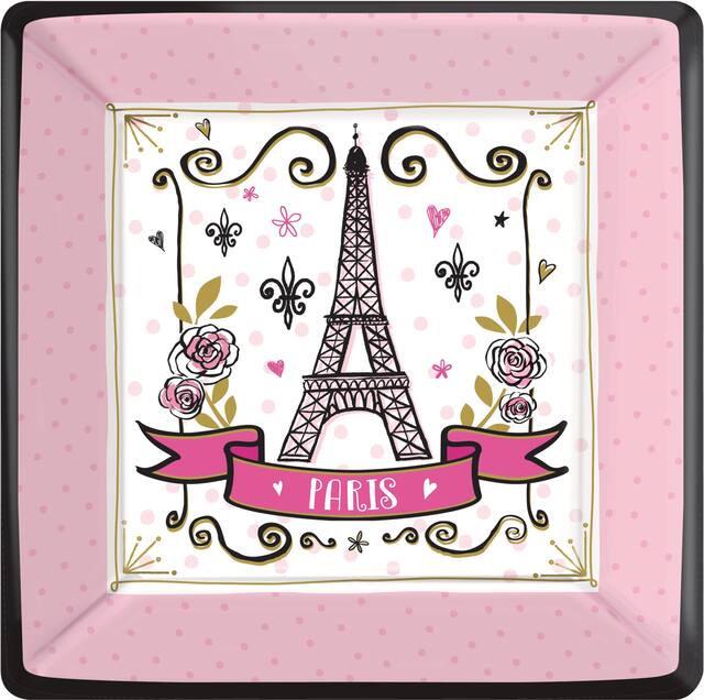 A Day in Paris "Paris" Square Paper Disposable Dinner Plates, Pink, Eiffel Tower, 10-in, 8-pk, for Birthday Party Overhead_Flat