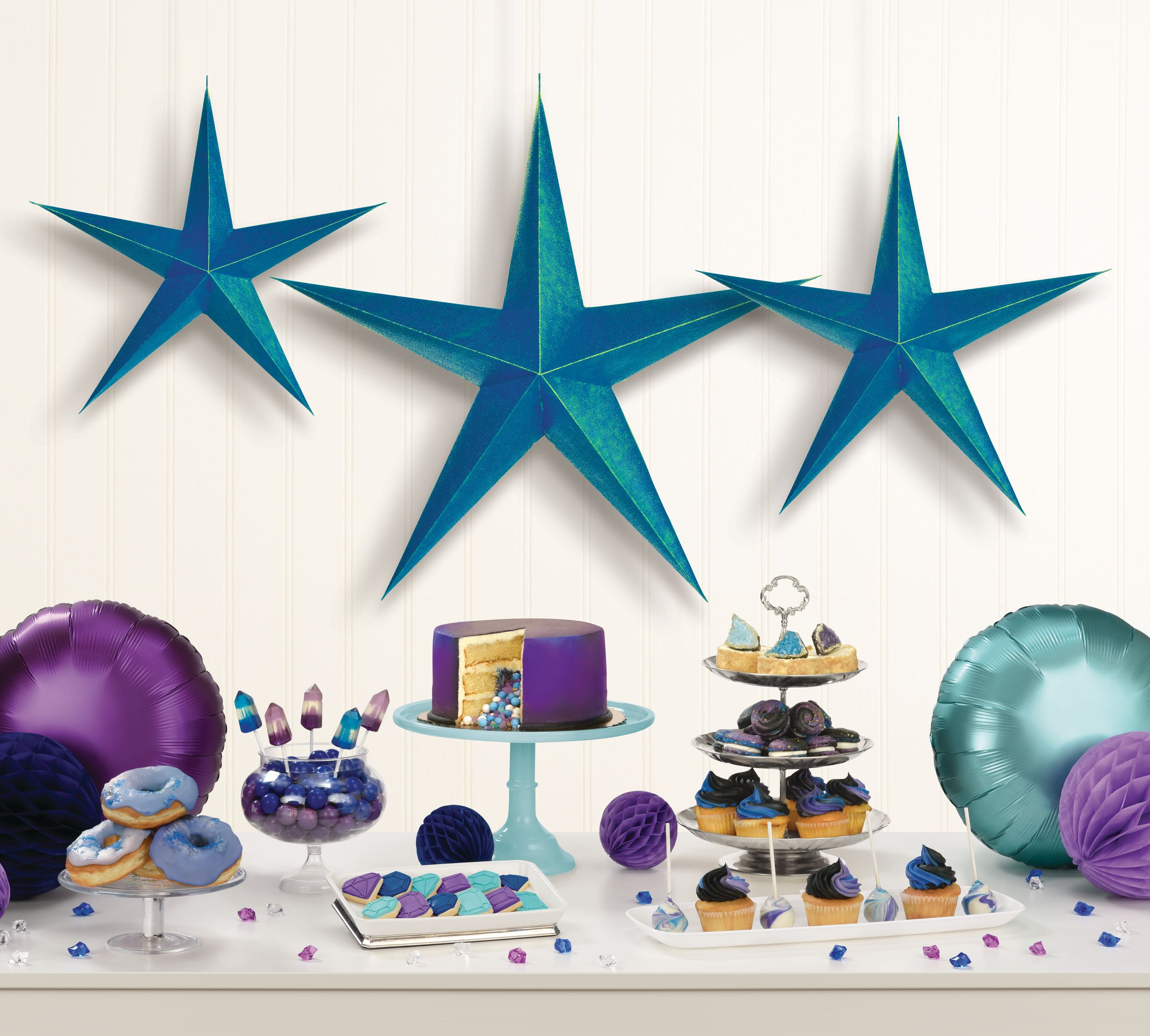 Star Hanging Sign Decorations, Blue, 22-in, 3-pk, for New Year's Eve Front_Flat
