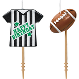 Football "Happy Birthday" Referee Candle Party Picks, Black/Brown, 3-in, 2-pk, for Sports Party Front_Flat