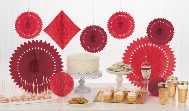 Red Paper Fan & Honeycomb Decorations, 9-pc Composite_or_Mixed