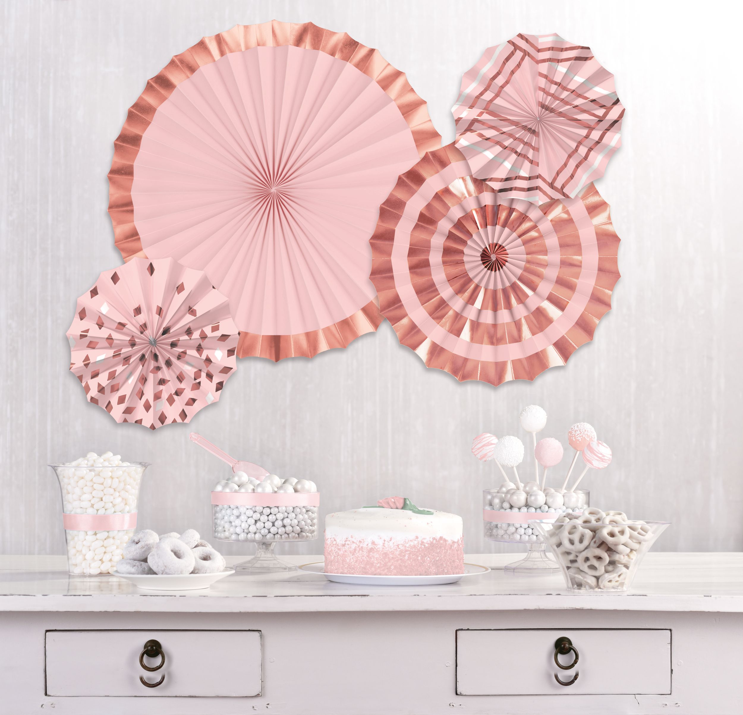 Blush Birthday Fan Hanging Sign Decorations, Rose Gold, 16-in, 4-pk, for Birthday Party Composite_or_Mixed