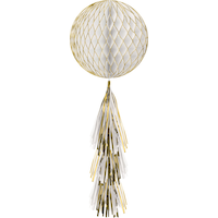 Boule décorative en nid d'abeilles avec queue, blanc et doré pailleté Front_Flat