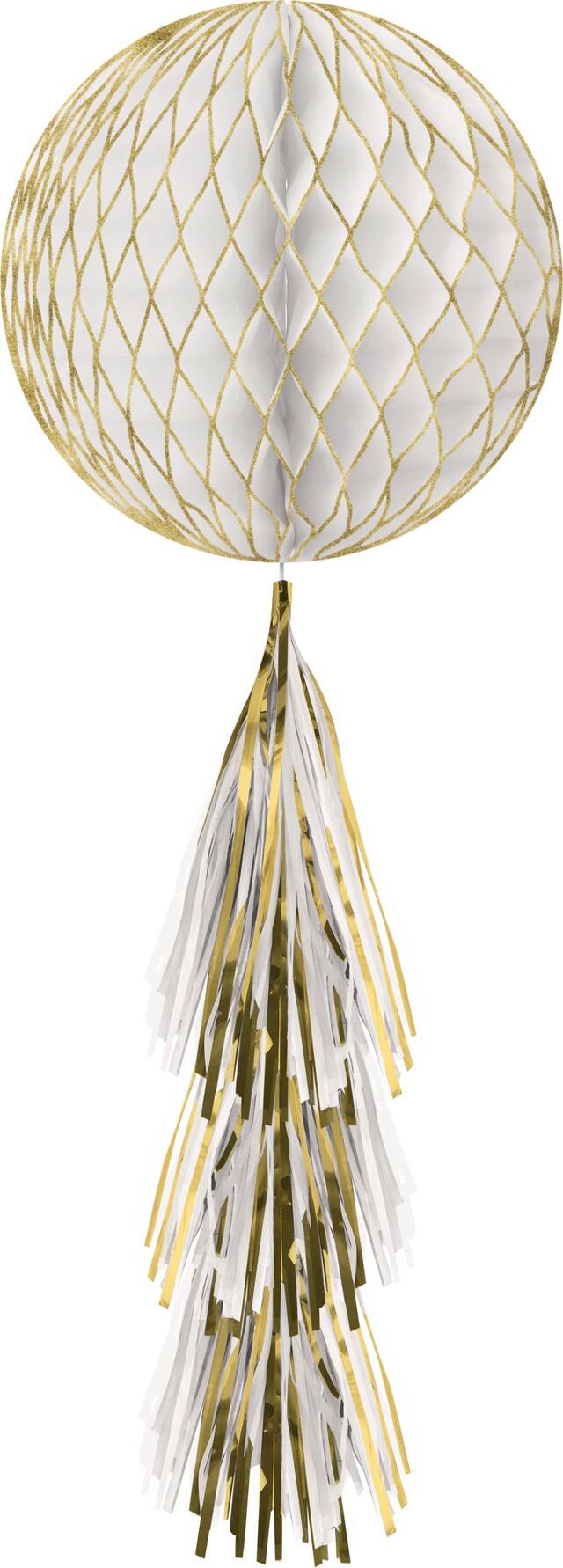 Boule décorative en nid d'abeilles avec queue, blanc et doré pailleté Front_Flat
