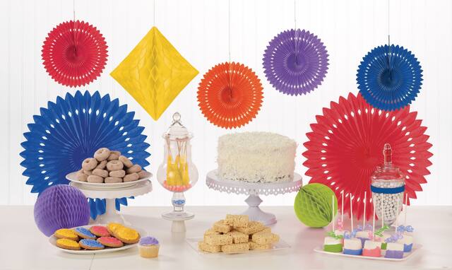 Rainbow Paper Fan & Honeycomb Decorations, 9-pc Front_Flat