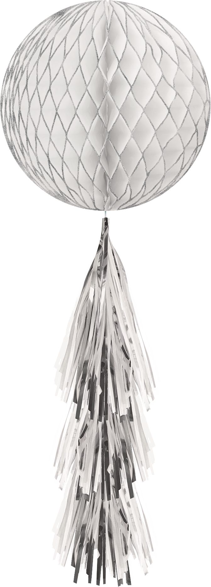 White & Glitter Silver Honeycomb Ball Decoration with Tail Front_Flat