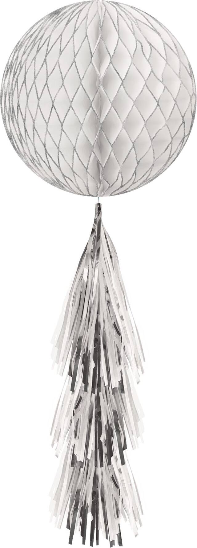 White & Glitter Silver Honeycomb Ball Decoration with Tail Front_Flat
