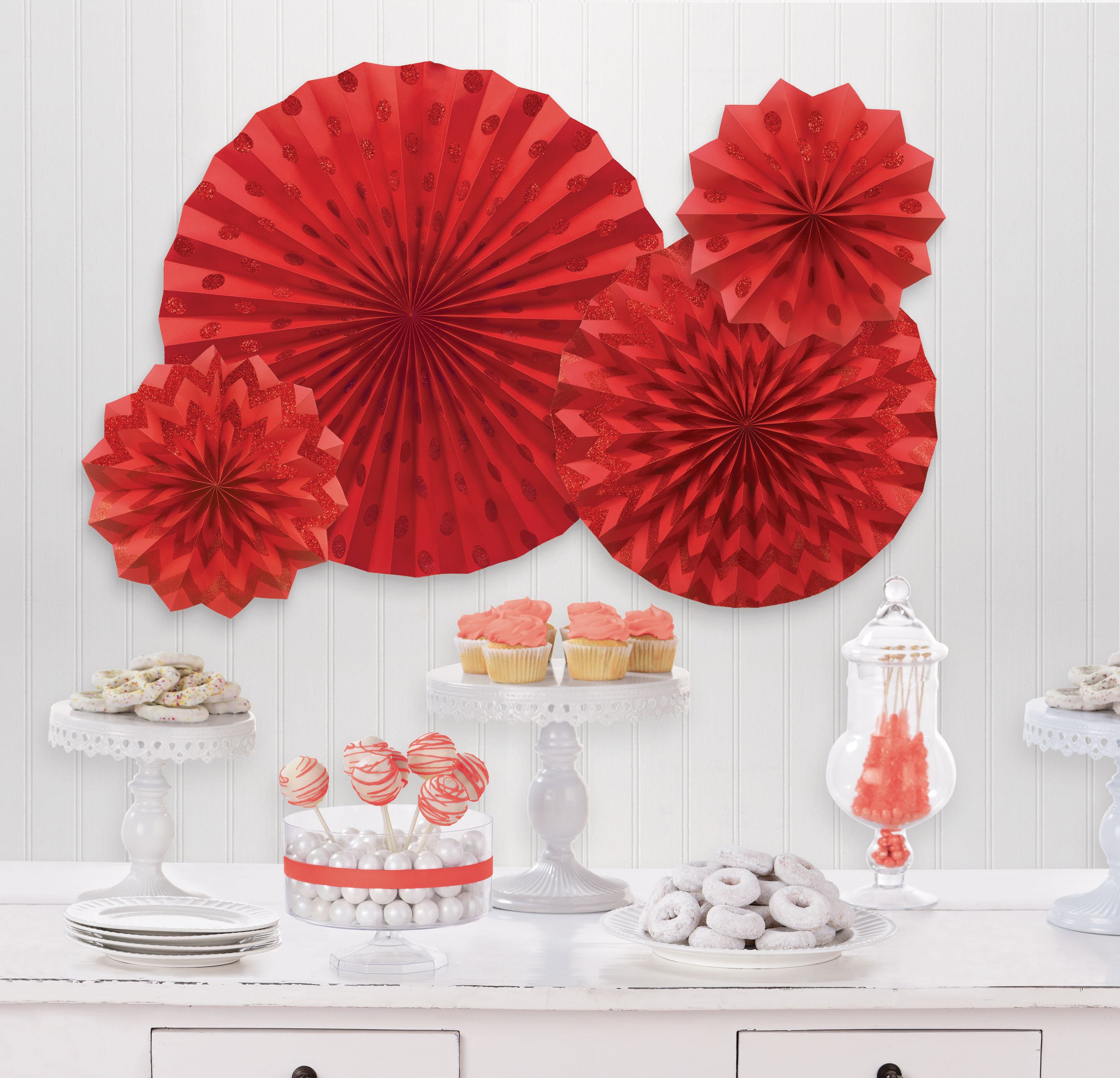 Fan Hanging Sign Decorations, Red, Polka Dot, 16-in, 4-pk, for Canada Day Composite_or_Mixed