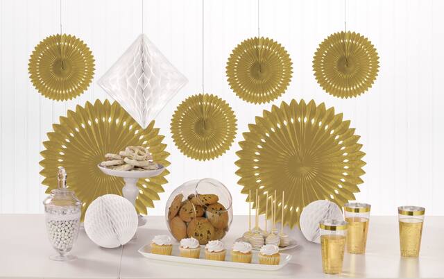 Gold & White Paper Fan & Honeycomb Decoration kit, 9-ct Composite_or_Mixed