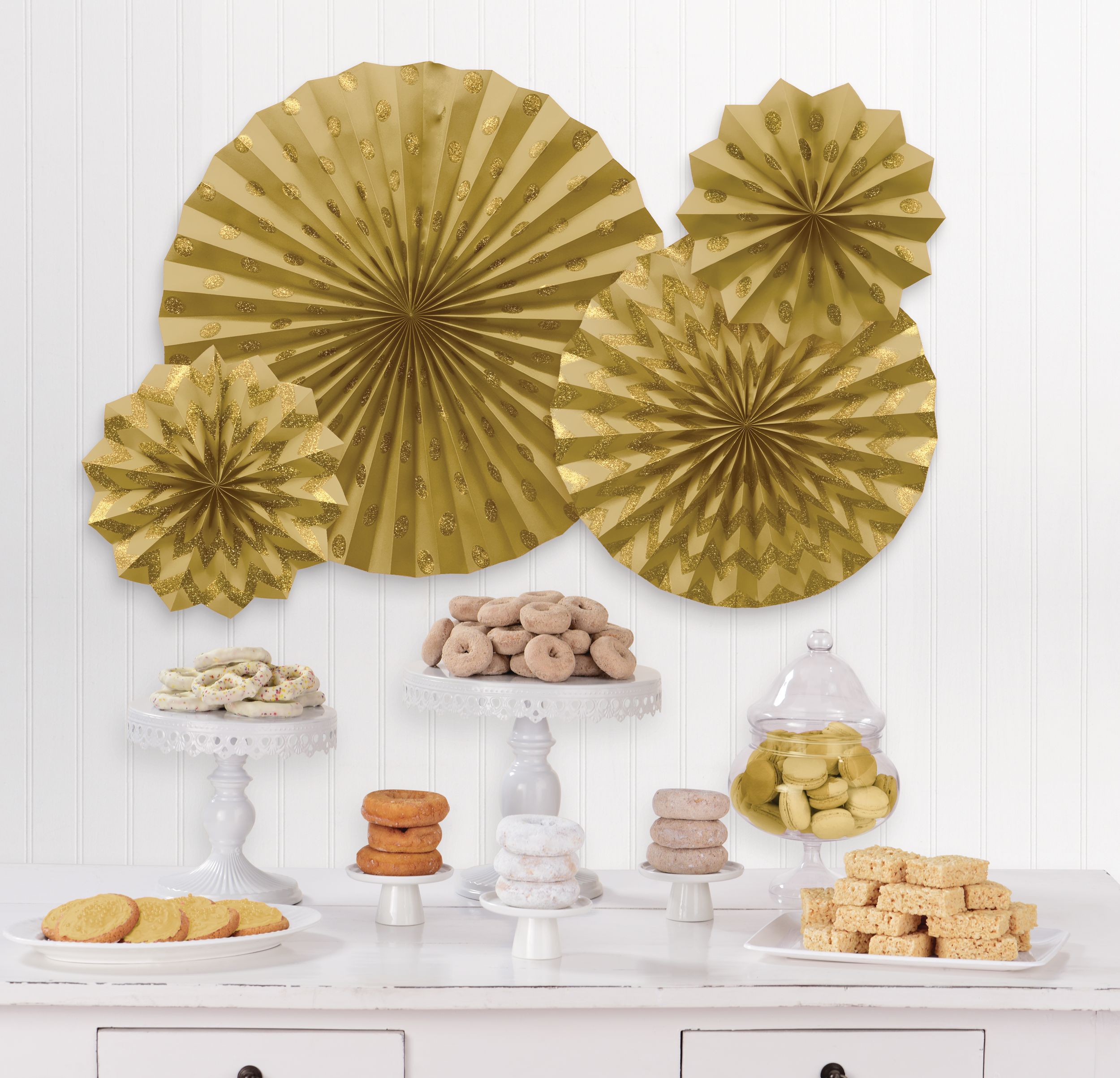 Éventails en papier à pois et chevrons or étincelant, paq. 9 Composite_or_Mixed