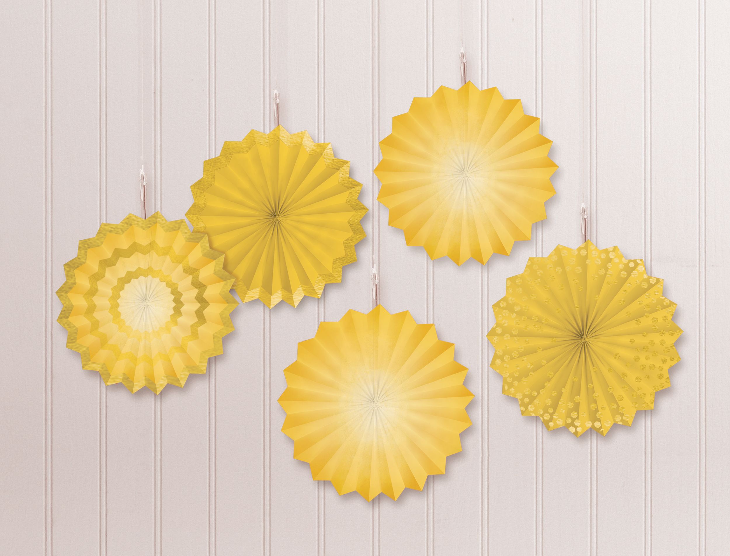 Mini Sunshine Yellow Patterned Paper Fan Decorations, 5-ct Front_Flat