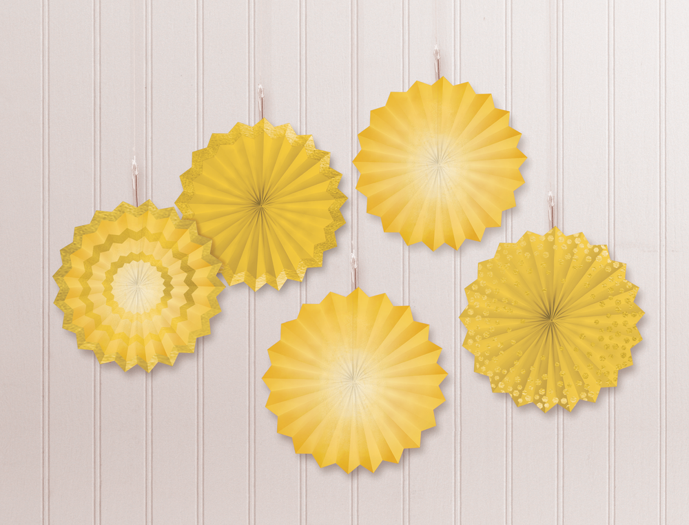 Mini Sunshine Yellow Patterned Paper Fan Decorations, 5-ct