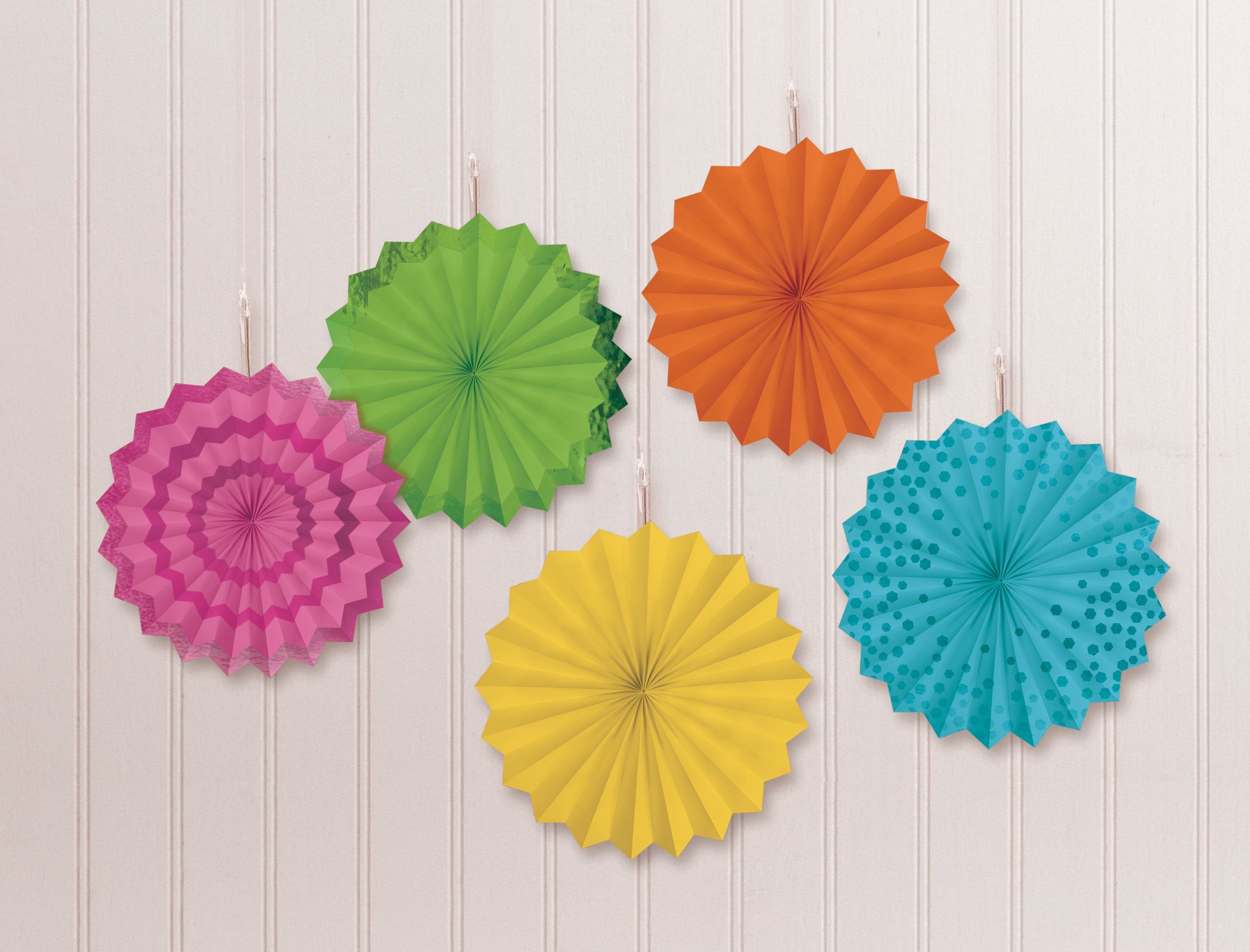 Minis éventails décoratifs en papier multicolore à motifs, paq. 5 Front_Flat