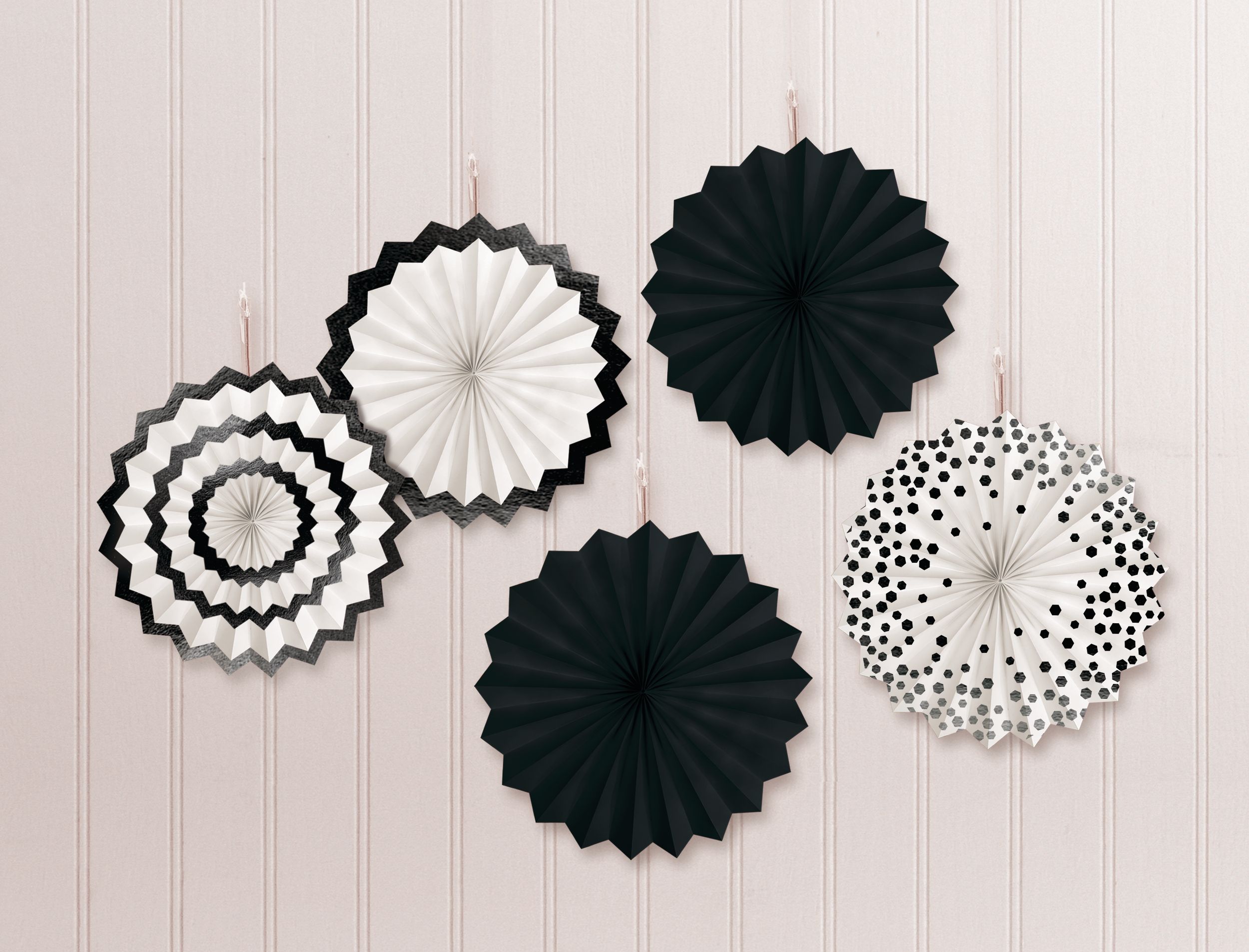 Fan Hanging Sign Decorations, Black/White, 6-in, 5-pk, for Graduation/Wedding/Birthday Front_Flat