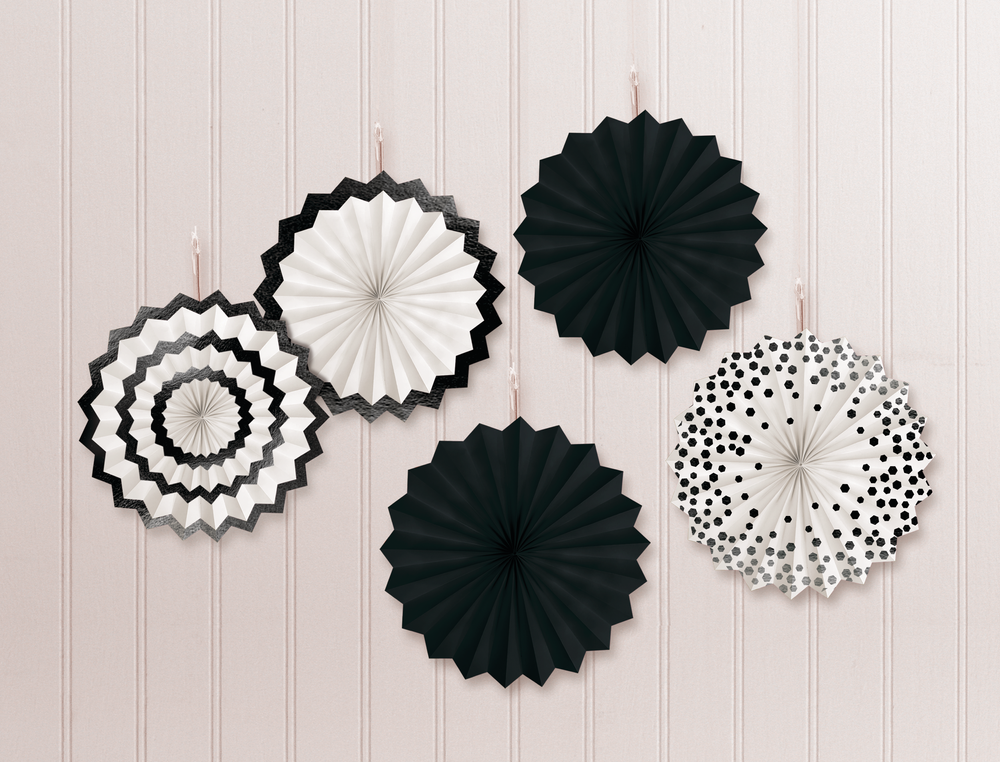 Mini Black Patterned Paper Fan Decorations 5 ct