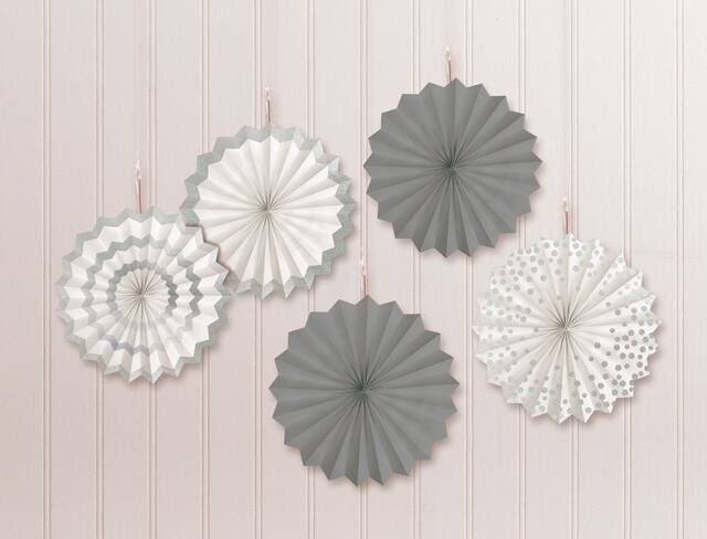 Fan Hanging Sign Decorations, Silver/White, 7-in, 5-pk, for Graduation/Wedding/Birthday Front_Flat