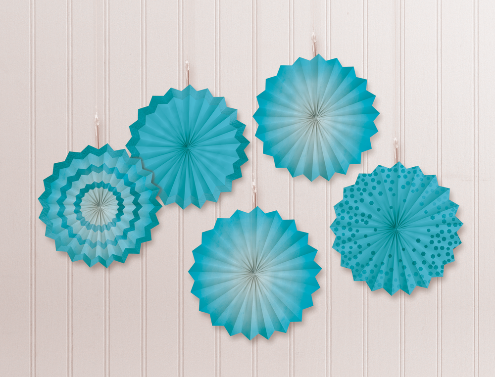 Mini Caribbean Blue Patterned Paper Fan Decorations, 5-ct