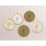 Fan Hanging Sign Decorations, Gold/White, 7-in, 5-pk, for Graduation/Wedding/Birthday Front_Flat